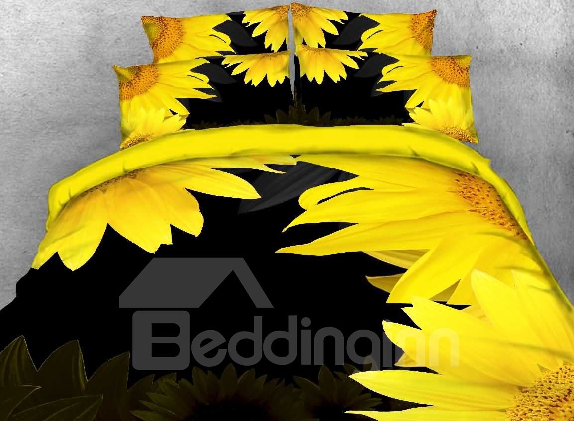 3D Floral Bedding 4 PCS Sunflower Print Duvet Cover Set High-Quality Microfiber Ultra Soft Comforter Cover with Zipper Closure and Corner Ties Black